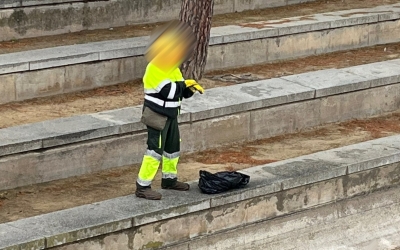 Moment de la recollida del cos de l'ànec mort al Parc Catalunya